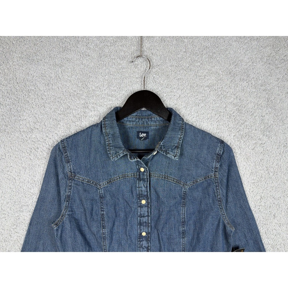 Lee Women's Blue Denim Button-Down Dress Heritage Sz S Strong Tide Spread Collar - Picture 4 of 8
